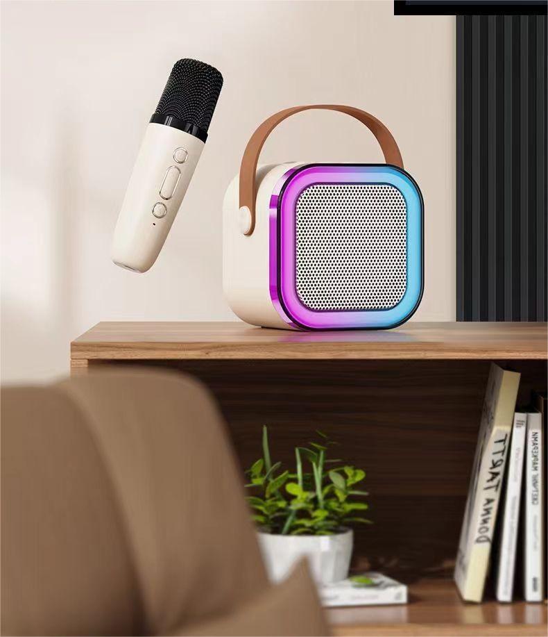 Belaidė nešiojama bluetooth karaoke kolonėlė su dviem mikrofonais , LED apšvietimas