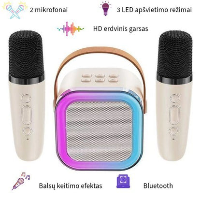 Belaidė nešiojama bluetooth karaoke kolonėlė su dviem mikrofonais , LED apšvietimas, balsų keitimas