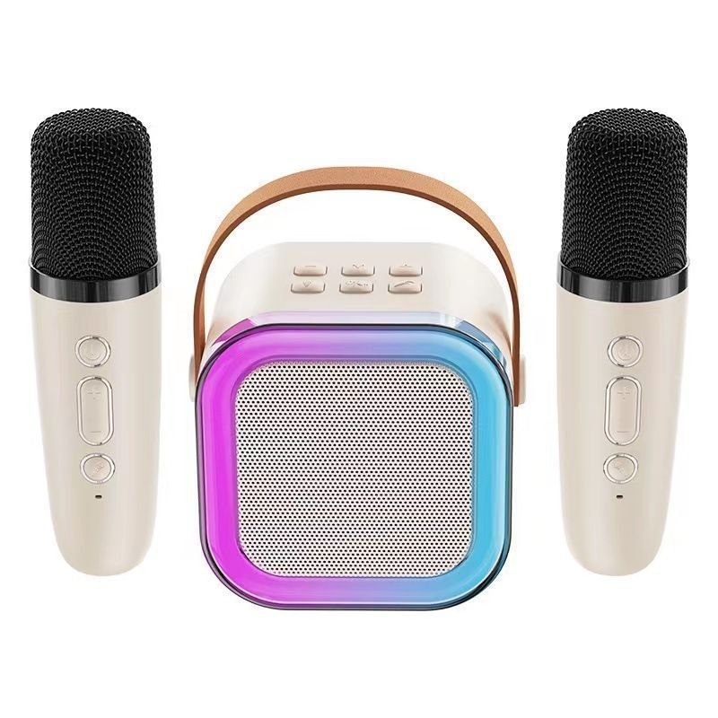 Belaidė nešiojama bluetooth karaoke kolonėlė su dviem mikrofonais , LED apšvietimas