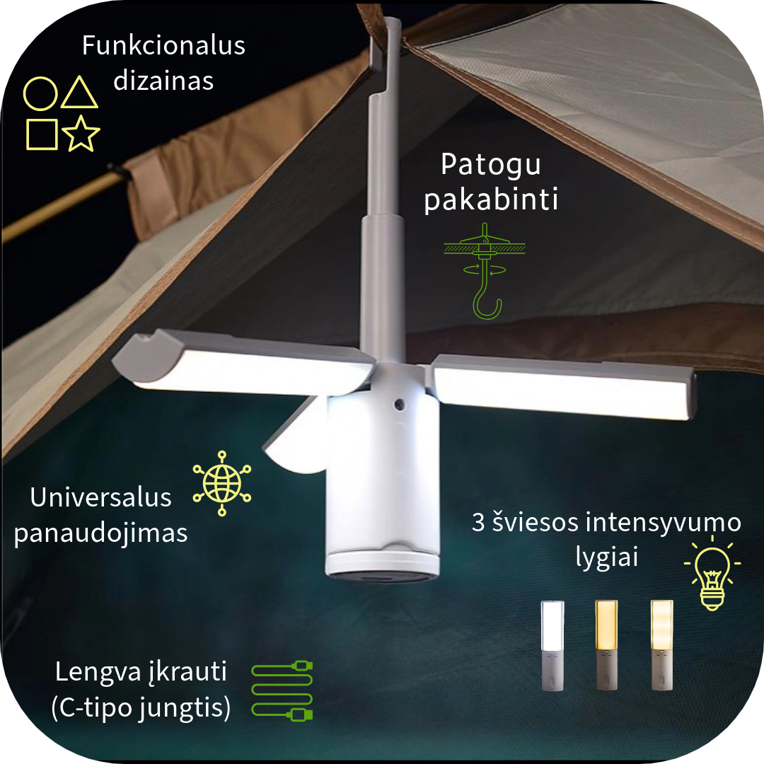 Sulankstoma daugiafunkcinė lempa -pakabinama su 3 lygių šviesa, kempingo, lauko 