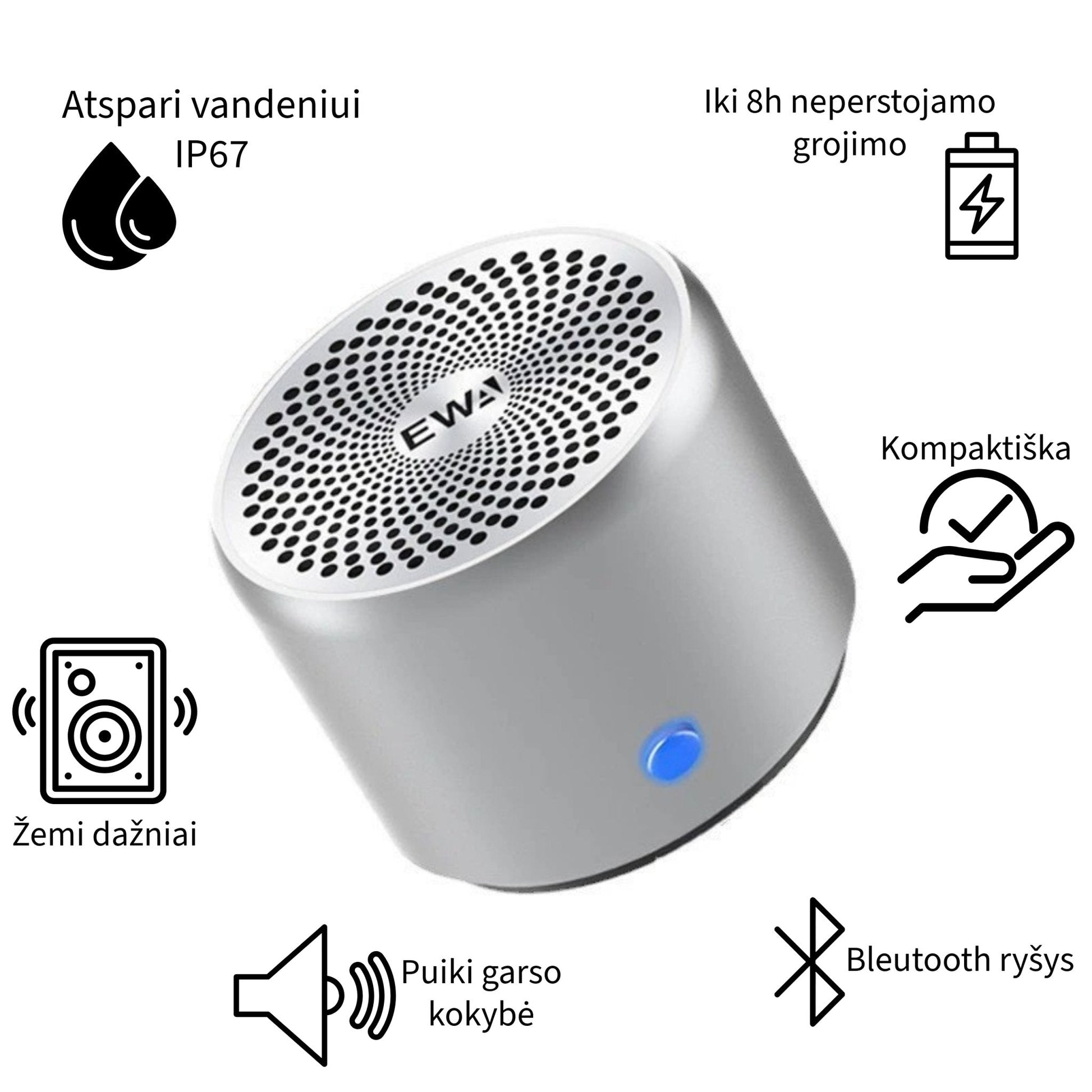 mini nešiojama bluetooth kolonėlė juodos spalvos su žemais dažniais, kompaktiška, atspari vandeniui, gera garso kokybė