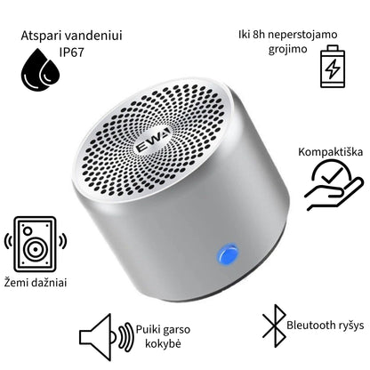 mini nešiojama bluetooth kolonėlė juodos spalvos su žemais dažniais, kompaktiška, atspari vandeniui, gera garso kokybė