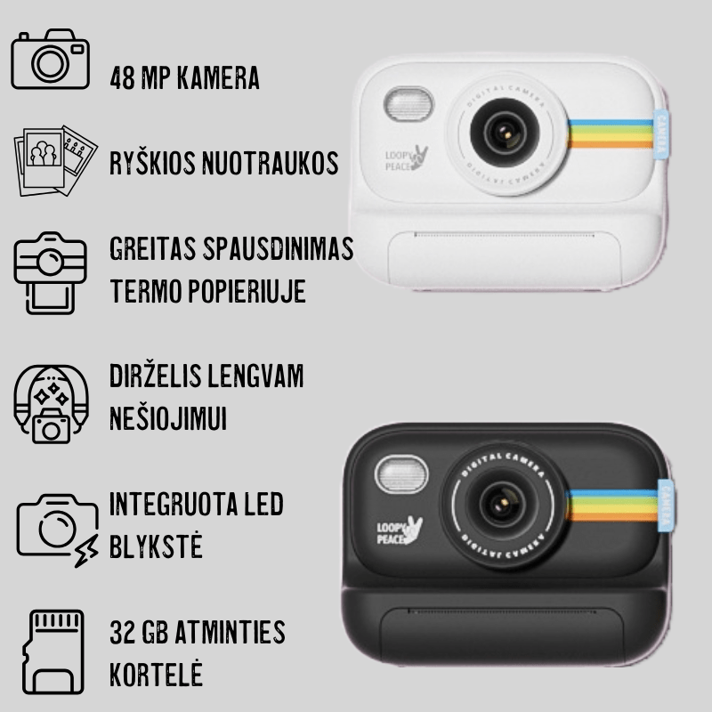 Momentinis fotoaparatas (nuotraukų spausdintuvas) su 48 MP kamera +32 GB MicroSD , baltos ir juodos spalvos