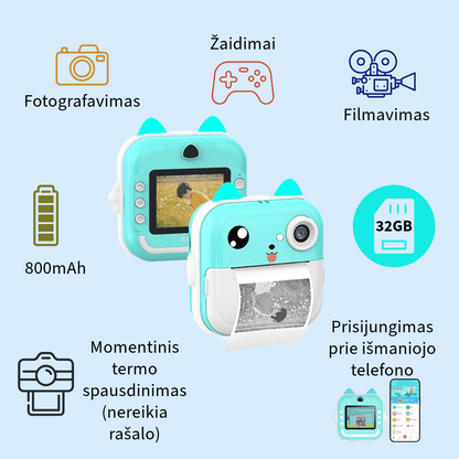 Momentinis vaikiškas fotoaparatas 1080P HD + 32 GB MicroSD - Šviesiai žalios spalvos