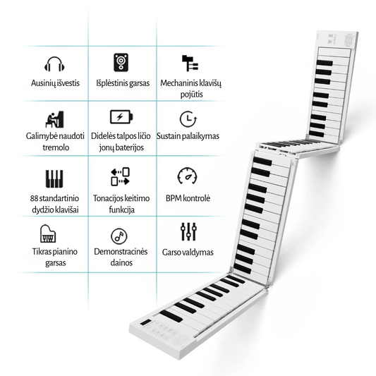 Nešiojamas sulankstomas skaitmeninis pianinas su 88 klavišais baltos spalvos