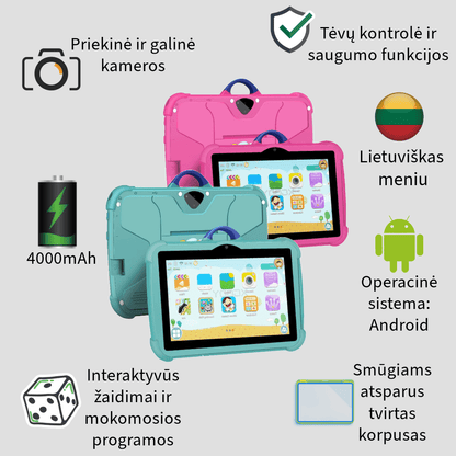 Vaikiška planšetė, rožinės ir mėlynos spalvos, mokomosios programos, fotografavimas, android sistema, didelės talpos baterija, tėvų ir saugumo kontrolė