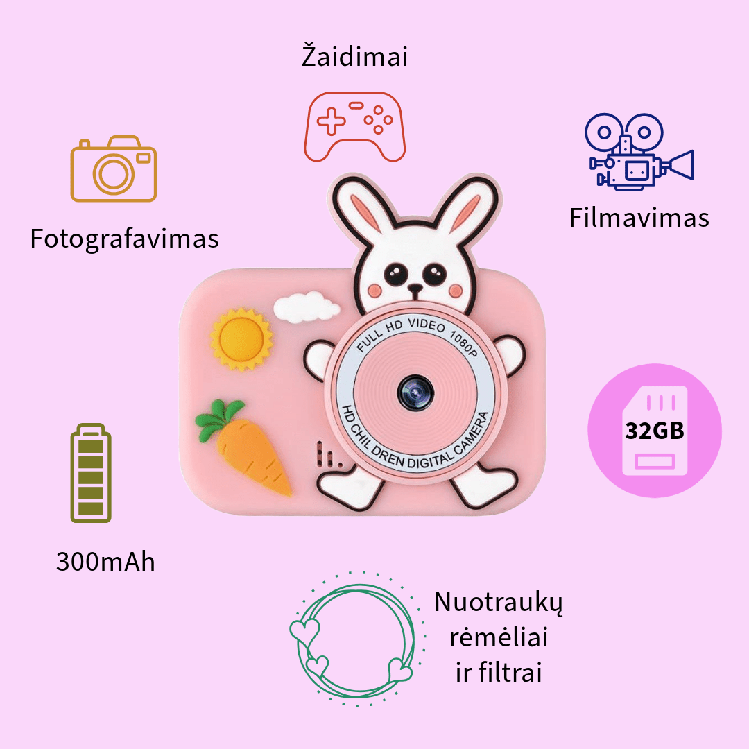 Vaikiškas skaitmeninis fotoaparatas - TRIUŠIUKAS+32GB MicroSD rožinės spalvos, filmavimas ir fotografavimas, žaidimai 